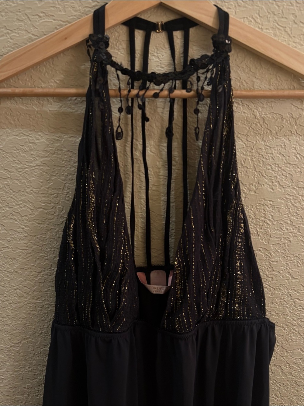 Victoria's Secret Very Sexy Black Gold Sequin Fringe Halter Mesh Slip Dress Y2K
